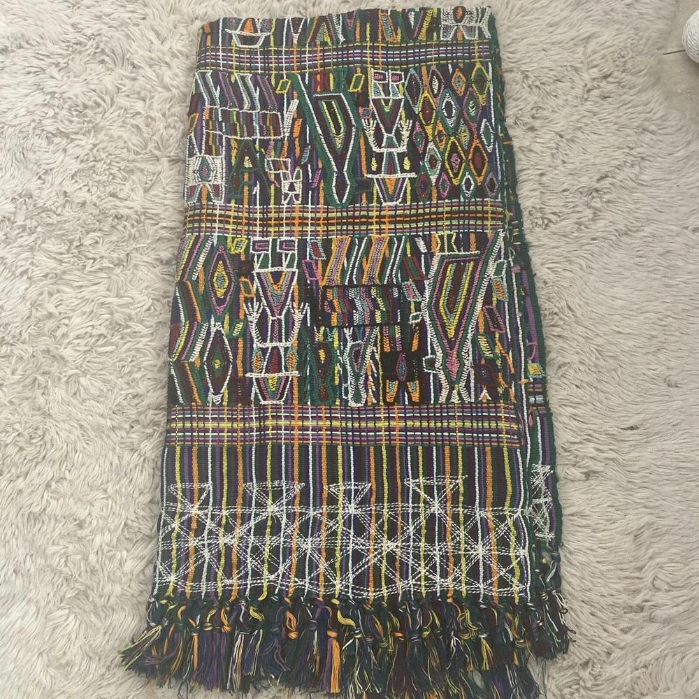 Guatemalan Textile‎ With Fringe Multicolor Fully Embroidered  55x28